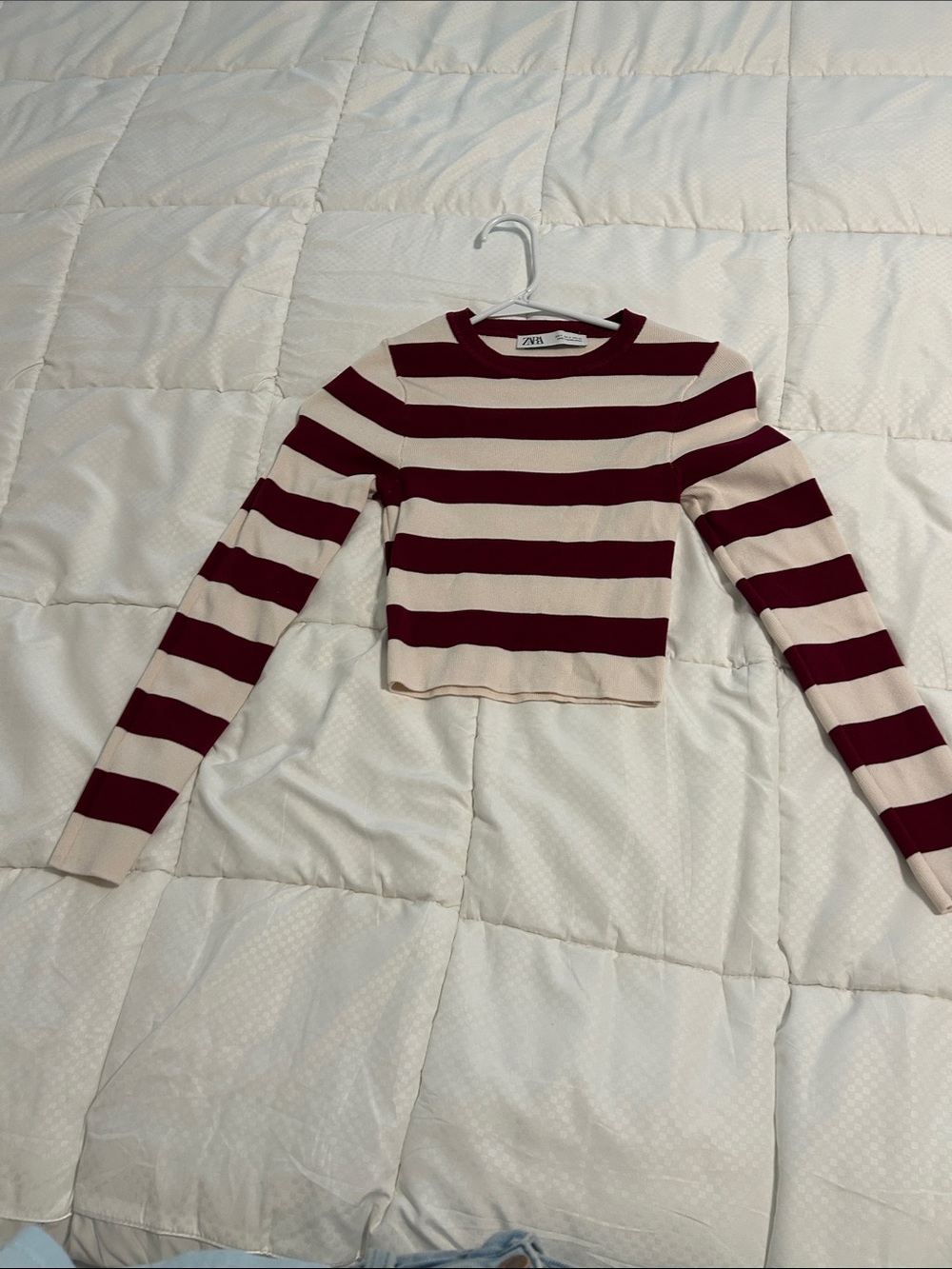 NWOT!Zara Burgundy and Cream Striped Cropped Knit Top